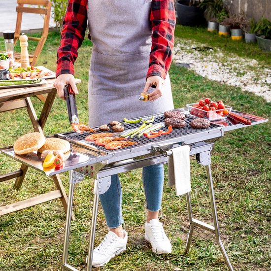 Roestvrijstalen houtskoolbarbecue, inklapbaar, outdoor, BBQ, draagbare campingbarbecue, staande grill, grillwagen, kolengrillm 74 x 33,5 x 71,5 cm. van Tepro
