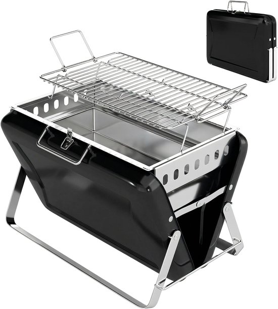 Roestvrijstalen houtskoolbarbecue/rookoven met grillrooster, handvat en opvouwbare poten voor barbecues en kamperen, 40 x 28 x 25,5 cm, zwart