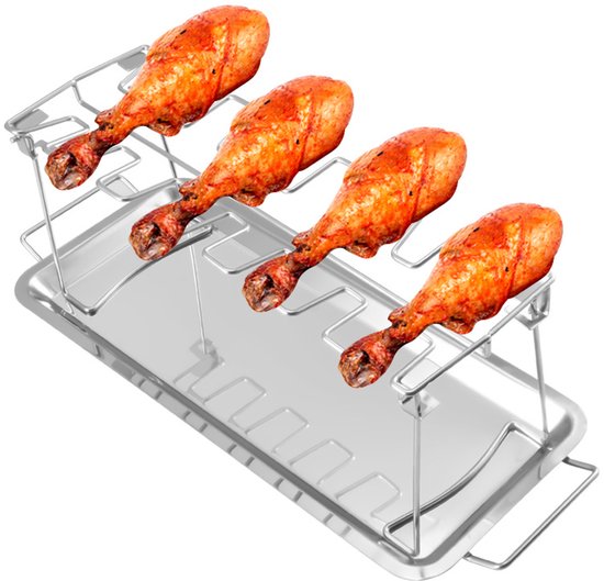 Roestvrijstalen kippenpootrek – bbq accesoires - Opvouwbaar braadrek met 14 sleuven – BBQ-grillstandaard met lekbak – Vleesbraadhouder – BBQ-accessoire voor buiten van Merkloos
