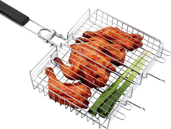 Roestvrijstalen Visgrillmand met Houten Handvat - BBQ Gereedschap voor Garnalen, Vlees en Groenten - Draagbaar Outdoor Camping Rek (31 x 25 x 6 CM) van Merkloos
