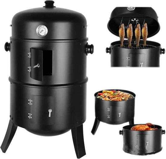 Rokeroven - 3-in-1 Houtskool BBQ - Waterroker - Verticale Rookbarbecue - Ronde Kogelbarbecue met Thermometer - 2 Grillroosters - Met Deksel - Verstelbare Ventilatie - Ø41 cm - Buitenbarbecue voor Tuin en Camping