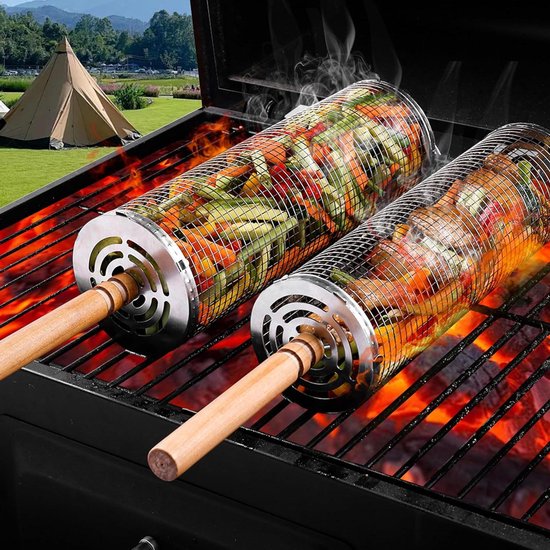Rollende grillmandenset - 2 stuks - met houten handvat - BBQ accessoires - camping - outdoor grillen - groenten - friet - vlees - vis van BBQuality