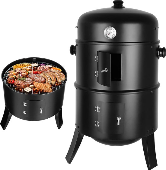 Rookoven, 3-in-1 rookoven, houtskoolgrill, rookoven, Ø 44,5 x 80 cm, incl. regelbare luchtafvoer en thermometer, waterschaal, 2 grillroosters (φ 37,5 cm), voor roken, grillen en koken