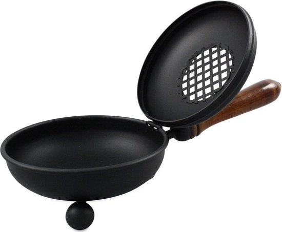 Rookpan van ijzer in zwart met houten handvat, deksel openklapbaar van Forged