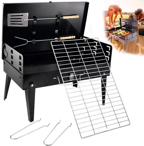 RosaBloom Opvouwbare Houtskool Barbecue - Draagbare Koffer BBQ - Compact Mini Grillrek met Gereedschapset - Zwart - 43x26,5cm