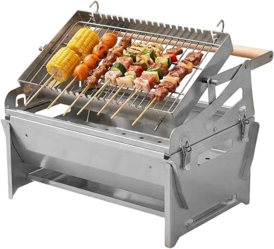 Roterende Houtskoolbarbecue - Draagbare Grill - Buiten Koken - Gelijkmatige Warmteverdeling - 30 x 16 x 16 cm - Zilver