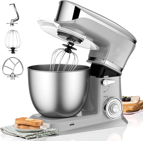 Royalty Line Keukenmachine - Keukenrobot - 1900W - Keukenmixer met 6 Snelheidsstanden + LED, incl. Garde / Kneedhaak / Klopper en Pannenlikker, Met Spatscherm & RVS Mengkom 6.5 L - Zilver van Royalty Line