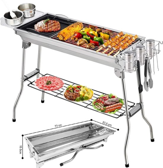 RVS Barbecue - Houtskool Grill - BBQ - Roestvrijstaal - 73 x 34 CM - Inclusief kookgereedschap - Zilverkleurig - RVS van Merkloos