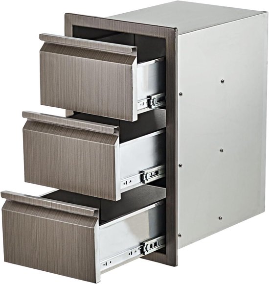 RVS Buitenkeuken Inbouw Ladekast - 3 Lades met Gouden Handgrepen - 37 x 62 x 47 cm - Roestvrij Staal - Voor Barbecue-eiland en Buitenkeuken