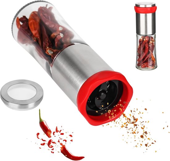 RVS Chili Molen met Glas - Perfect voor het Snijden van Chili Pepers en Specerijen, Keukenhulpmiddel voor Grof Gemalen Specerijen en Peper van Merkloos