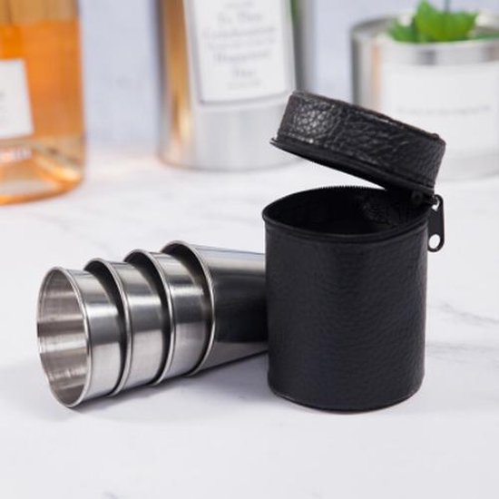 RVS shotbekers met houder - borrelglazen - shotjes - draagbaar - survival - wintersport - outdoor- bekerset met hoes - 30 ml van RV