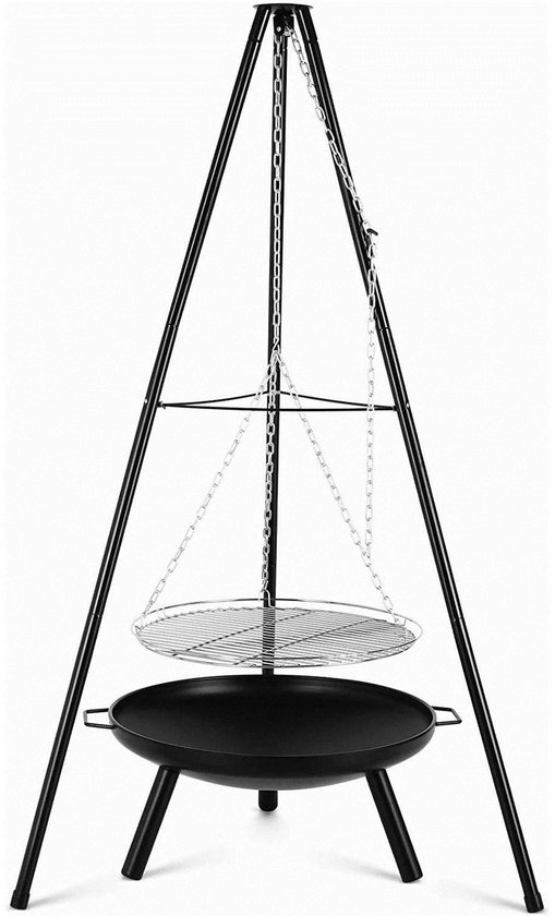 SanaVida - BBQ - Houtskool Barbecue - Vuurschaal BBQ - Tripod - Zwevende Grill - Kampvuur - Hoogte Verstelbaar - Metaal - Zwart