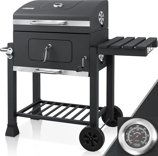 Sello! houtskool barbecue XXL – grill – ingebouwde thermometer – opbergplanken – aslade – stevige wielen – staal – zwart van Merkloos