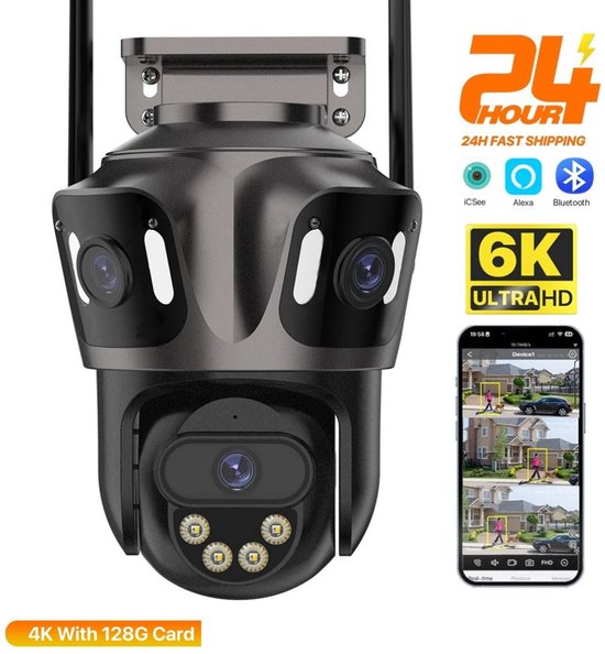 Serolux® - Beveiligingscamera - 4K/8MP - Spotlights - IP66 - Dual Lens 4X Digitale Zoom - Audiofunctionaliteit - 360° - Waterdicht - 4 gebruikers - Nachtzicht in kleur - Unieke drievoudig lensontwerp - 128G SD-kaart - Zwart - van Serolux