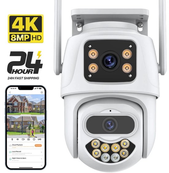 Serolux® - Beveiligingscamera draadloos buiten - Wifi beveiligingscamera set buiten - Ultra HD 4K-resolutie - Nachtzicht in kleur - Ingebouwde microfoon en speaker - Ai Human Detecteren - Dual lens - met geheugenkaar 128 GB - Wit van Serolux