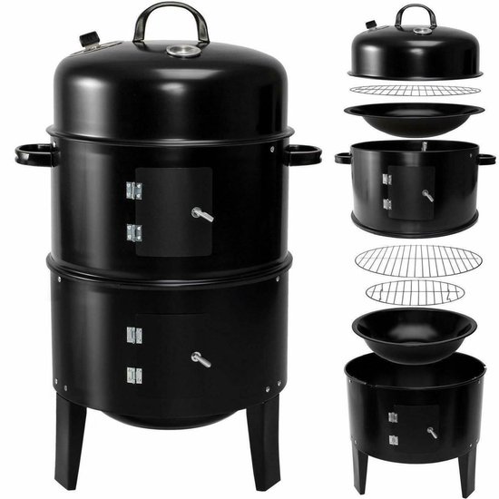 SMH LINE® BBQ houtskool XL- Smoker Barbecue - Incl. BBQ Greedschapset en 12x BBQ Spiezen - Verstelbare Kolenroosters & Inklapbare Zijtafel - Zwart