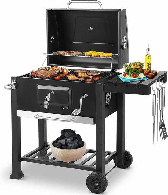 SMH LINE® BBQ houtskool XL- Smoker Barbecue - Verstelbare Kolenroosters & Inklapbare Zijtafel - Zwart