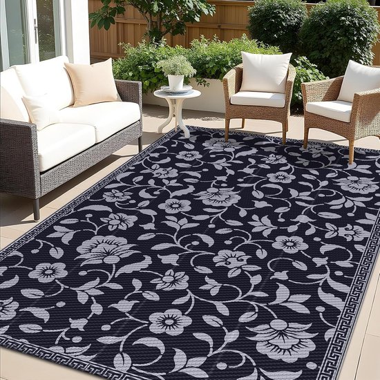 Smiry Uitmat voor buiten, waterdicht voor balkon, campingmatten, UV-bestendige wasbare buitenmat, buiten, omkeerbaar voor terras, tuin, camper – 120 x 180 cm, zwart en grijs – bloemmotief