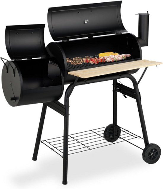Smoker Barbecue Met Deksel – Houtskool BBQ – Met Houten Werkblad – Thermometer – Stalen Constructie – Zwart-Naturel – Op 2 Wielen van Merkloos