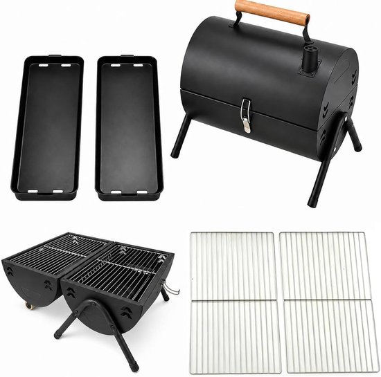 SnelShoppen - Draagbare Cilindrische Grill met Houten Handvat - Compacte Zwarte Grill met 2 Kookplaten en 2 Grillroosters voor Camping, Tuin, Strand e