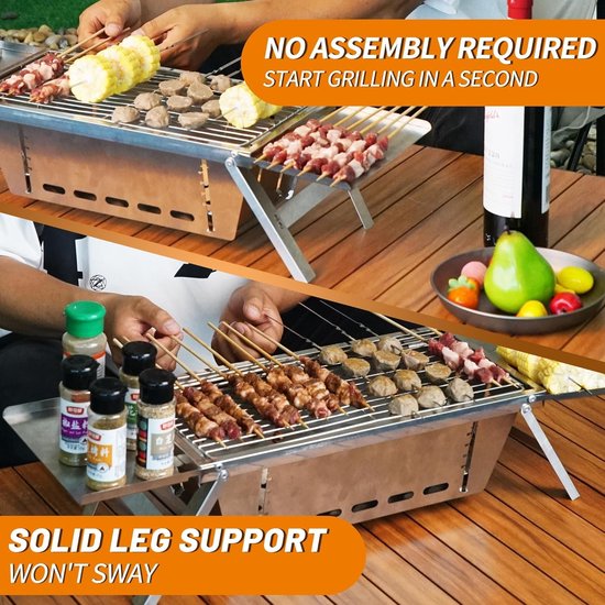 SnelShoppen - Draagbare Houtskool Grill, Inklapbare BBQ Grill van Roestvrij Staal voor Camping, Picknick, Strand en Outdoor Feesten