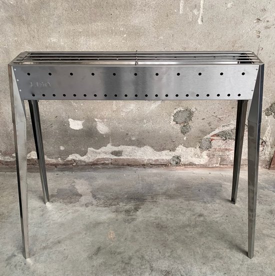 Spiedini Saté-bbq Java 80 - Luxe, dubbelwandige houtskoolbarbecue met horizontaal rooster voor sate of andere spiesjes - 80 cm lang, 11 cm breed, 83 cm hoog - Materiaal: roestvrijstaal van Merkloos