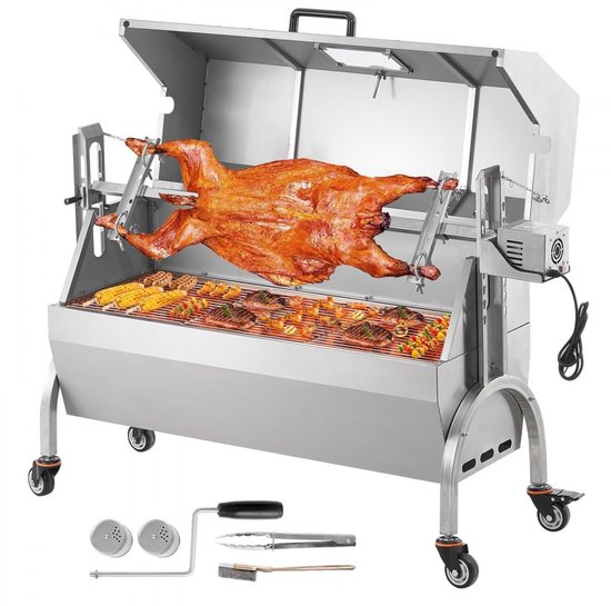 Spitgrill BBQ - Draaispit - Max. 90 kg Draagvermogen - 52 W Elektromotor - Houtskool - RVS Braadslede - Vergrendelbare Wielen - Voor heel varken, lam, geit