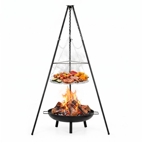 Springos BBQ Tripod - Driepoot -Inclusief Pot - Inclusief Rooster - Inclusief Vis Rookplankjes - Inclusief Vuurschaal - 51 x 152 cm