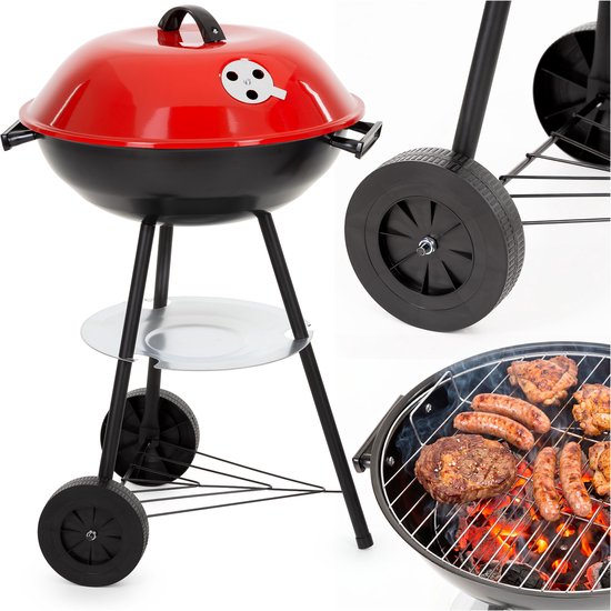 Springos Houtskool barbecue - BBQ - Draagbaar - Op Wielen - Asopvangbak - Kunststof - RVS - Zwart - Rood van springos