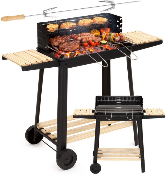Springos Houtskool barbecue -Op Wielen - BBQ - Asopvangbak - Kunststof - RVS - Zwart - Houtlook - 5 Standen
