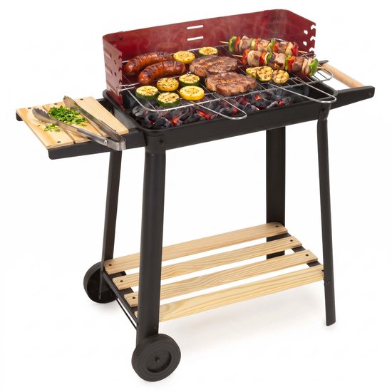 Springos Houtskool barbecue -Op Wielen - BBQ - Asopvangbak - Kunststof - RVS - Zwart - Rood - Houtlook - 6 Standen