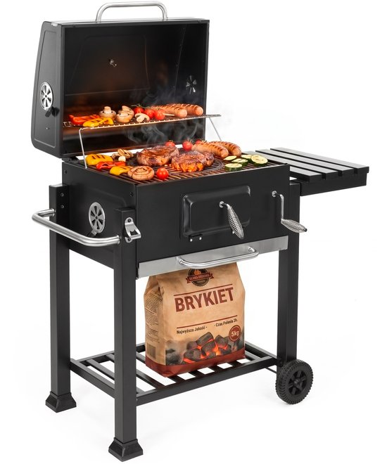 Springos Houtskool barbecue - Op Wielen - BBQ - Asopvangbak - Thermometer - Kunststof - RVS - Zwart