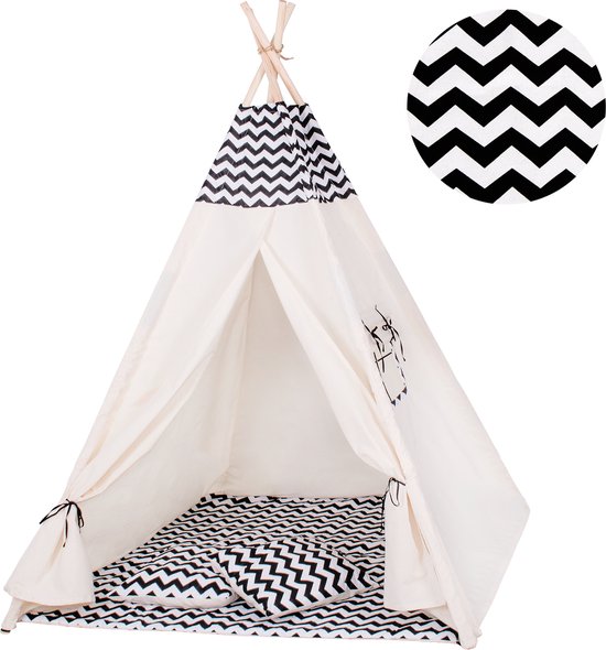 Springos Tipi Tent | Wigwam Speeltent | 120x100x180 cm | Met Mat en Kussens | Naturel Zwart | Golven van Springos