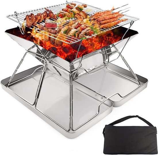 Stainless Steel Fire Pit, Foldable BBQ Grill Rack Portable Campfire Pit Folding Charcoal Grill for Camping Picnic Patio Backyard Garden - with Iron Box & Carry Bag
