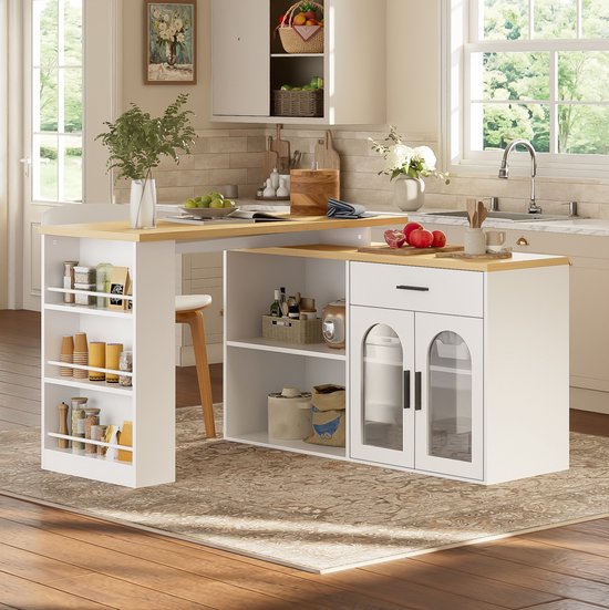 Stilvora Keukeneiland Met 360 Graden Draaibaar Tafelblad Opbergruimte Lade En Planken Voor Kleine Keuken Wit Mdf 136x50x78 Cm van Outdoorchef