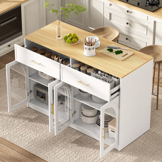 Stilvora Keukeneiland Met Ledverlichting En Grote Werkbladruimte - Vrijstaand Opbergmeubel Voor Keuken En Eetkamer - Wit - 135x55x91 Cm