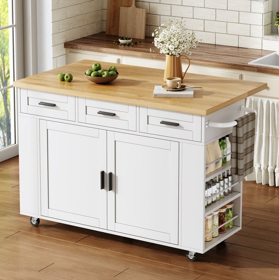 STILVORA Keukeneiland - Met Uitklapbaar Werkblad En Stopcontacten - Verrijdbaar Met Lades En Kast - MDF - 120x45x84 Cm - Wit;Naturel