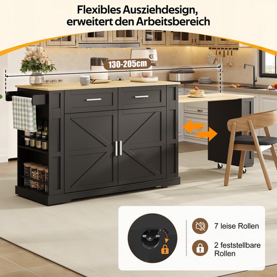 STILVORA Keukeninsel - Uittrekbaar Werkblad Met Stopcontact En Usb - Veel Opbergruimte Voor Keuken En Eetgedeelte - MDF - Zwart En Eikenlook - 130x50x93 Cm