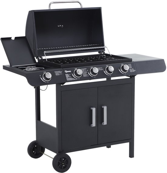 Sunny Barbecue-grill trolley op gas met thermometer RVS zwart 122 x 55 x 98 cm van Merkloos