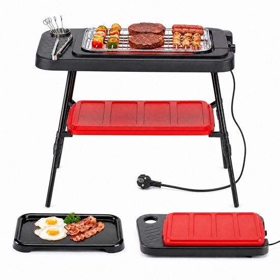 SureDeal® - Barbecue - Elektrogrill Staande Grill - Dubbele Grillplaten - Hoogteverstelbare Standaard - 80x53x41,5 cm - Zwart + Rood van SureDeal®