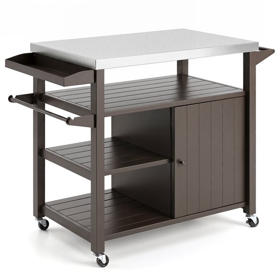 SureDeal® - Barbecue - Grillwagen Wielen Grilltafel - Roestvrijstalen Serveerwagen - Planken - Kast - Kruidenrek - 116x50x87 cm - Bruin