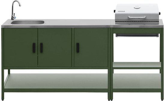 sweeek - 2 buitenkeukenmodules met barbecue op houtskool en gootsteen staal - naxos