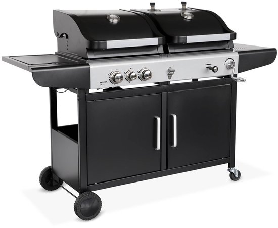 sweeek - 2-in-1 barbecue, gas en houtskool, 2 branders + 1 zijbrander, gietijzeren roosters, thermometers - marsac van Merkloos