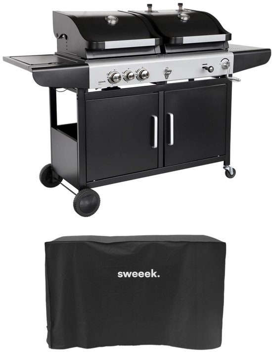sweeek - 2-in-1 gas- en houtskoolbarbecue 3 branders + 1 zijbrander, gietijzeren roosters, grill en roker met planken + hoes - marsac van Merkloos