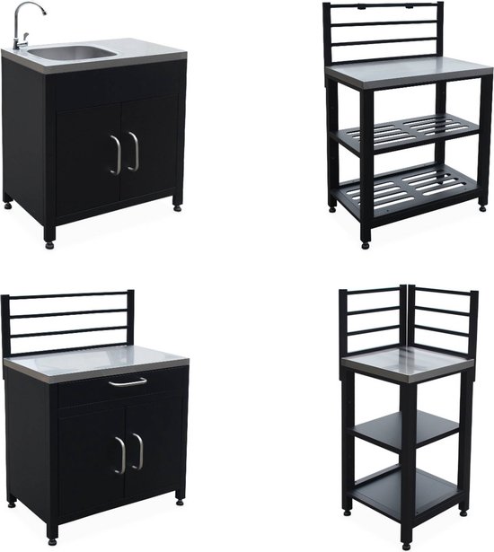 sweeek - Buitenkeuken met 4 stalen modules, unit met spoelbak, planken, lades en opbergruimte van Sweeek