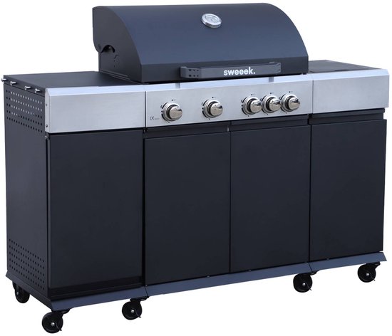 sweeek - Gasbarbecue 4 branders + 1 zijbranders maxim, staal, ingebouwde thermometer, vetopvangsysteem, verwarmingsrooster, l 145,5 x b 61,5 x h 143,5 cm van Merkloos