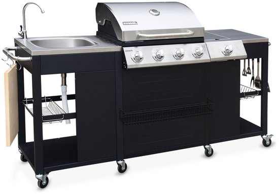 sweeek - Gasbarbecue met 4 branders + 1 zijbrander, buitenkeuken met gootsteen, keukengerei en thermometer - d'artagnan van Sweeek