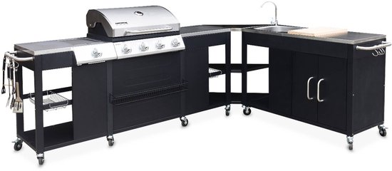 sweeek - Gasbarbecue met 4 branders + 1 zijbrander, buitenkeuken met gootsteen, keukengerei en thermometer - rochefort van Sweeek