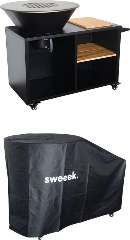 sweeek - Vuurschaal ø80cm, kookrooster, houtopslag + beschermhoes, l 138 x d 82 x h 114 cm van Merkloos