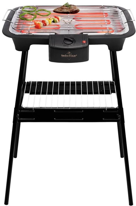 Swiss Haus® SBQ23 Elektrische BBQ - 38 x 22 cm - Staand en Tafelmodel Barbecue - 2000W Tafelbarbecue – Thermostaat Regelbaar – Vaatwasbestendig Rooster - Anti-Roest Grill - Zwart van Merkloos
